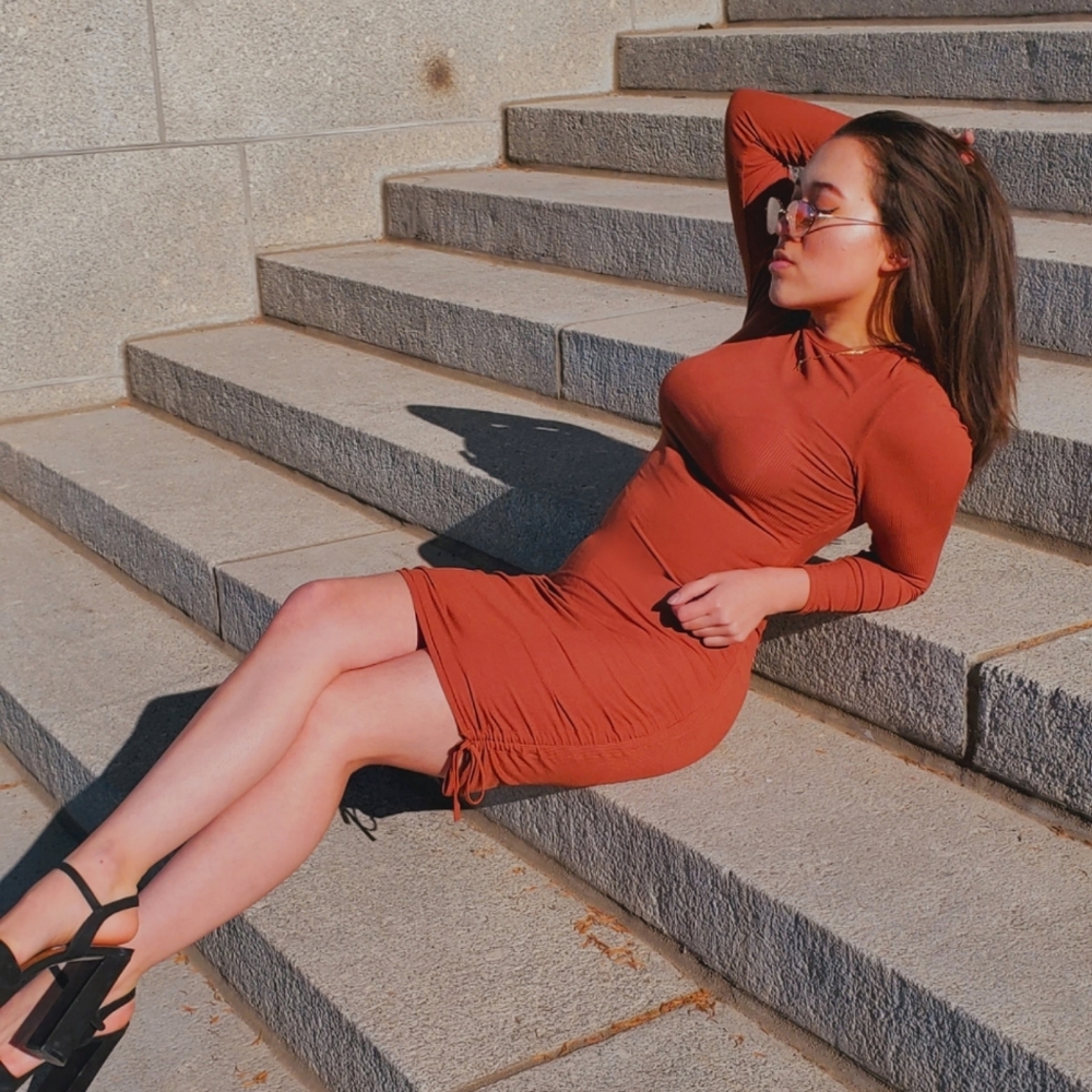 Gorgeous long sleeve bottom rushed bodycon dress